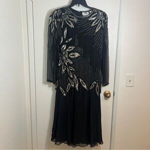 Vtg Nightline Black Silver Embellished Long Sleeve Dress Sz 12 Sequins Beaded